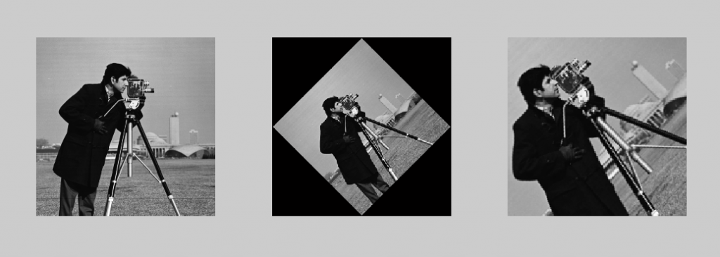Original cameraman image, the same image rotated 45 degrees with black corner padding, and the cropped result with no black bars