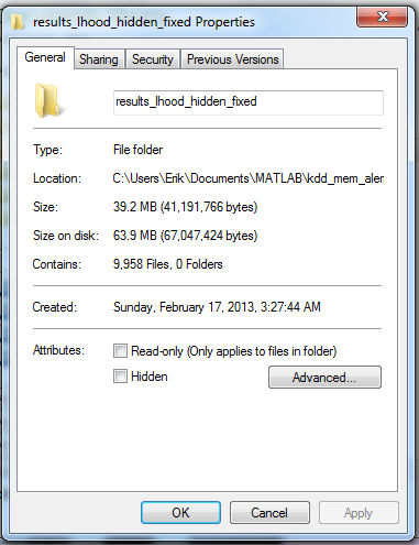 Folder properties dialog before compression