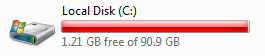 Drive properties showing free space fall from 2.6GB to 1.2GB